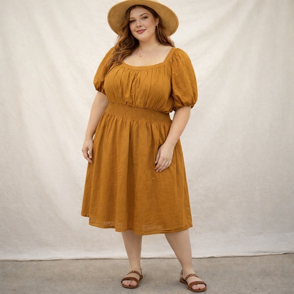 New Old Navy Fit and Flare Dress Womens 3X Ochre Brown‎ Smocked Puff Sleeve